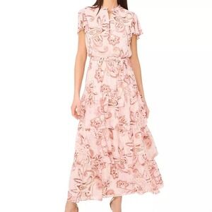 Sam & Jess Floral Tiered Flutter Sleeve Maxi Pink Dress Womens Size S NWT